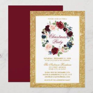 Christmas Party Watercolor Floral Gold Glitter Invitation
