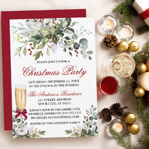 Christmas Party Watercolor Greenery Berries Glass Invitation