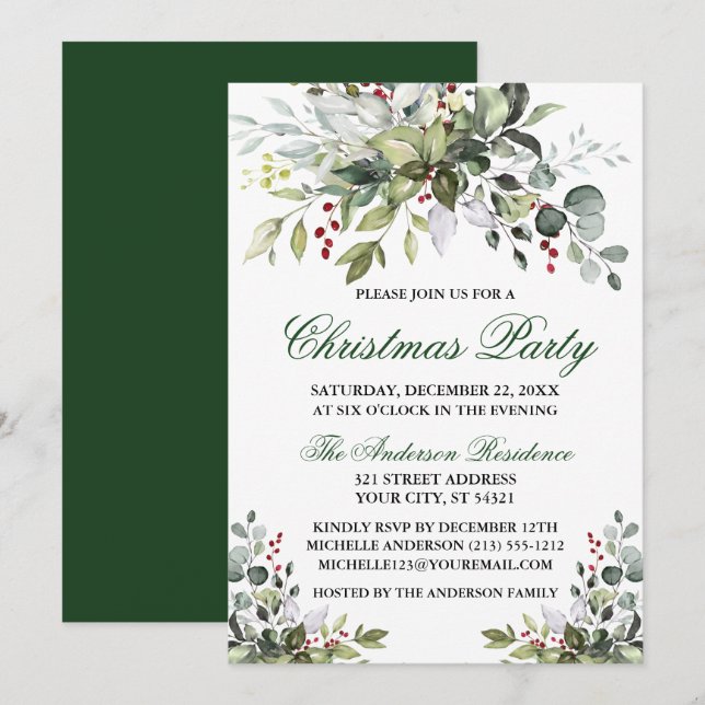 Christmas Party Watercolor Greenery Berries Invitation (Front/Back)
