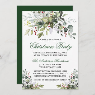 Christmas Party Watercolor Greenery Berries Invitation