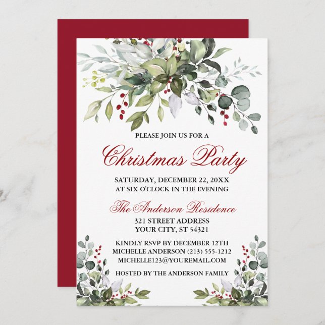 Christmas Party Watercolor Greenery Red Berries Invitation (Front/Back)