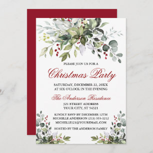 Christmas Party Watercolor Greenery Red Berries Invitation