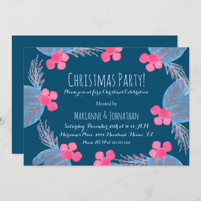 Christmas Party Watercolor Pionsettias Berry Blue Invitation (Front/Back)
