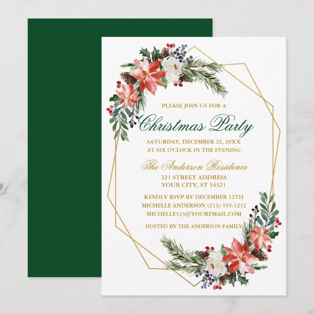 Christmas Party Watercolor Poinsettia Gold Green Invitation (Front/Back)