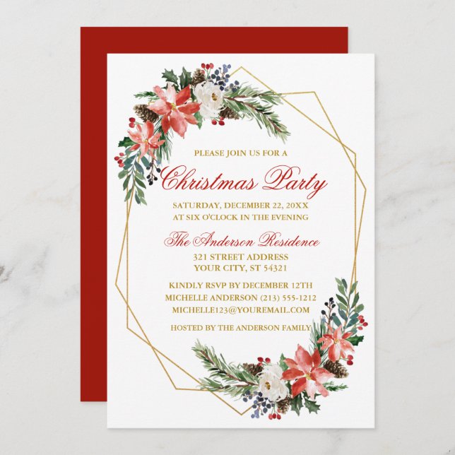 Christmas Party Watercolor Poinsettia Gold Red Invitation (Front/Back)