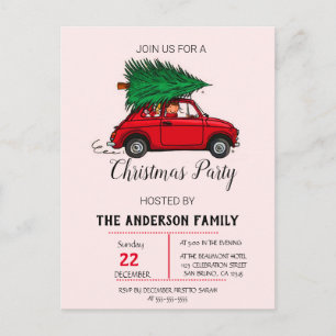 Christmas Party, Watercolor Red Car Winter Holiday