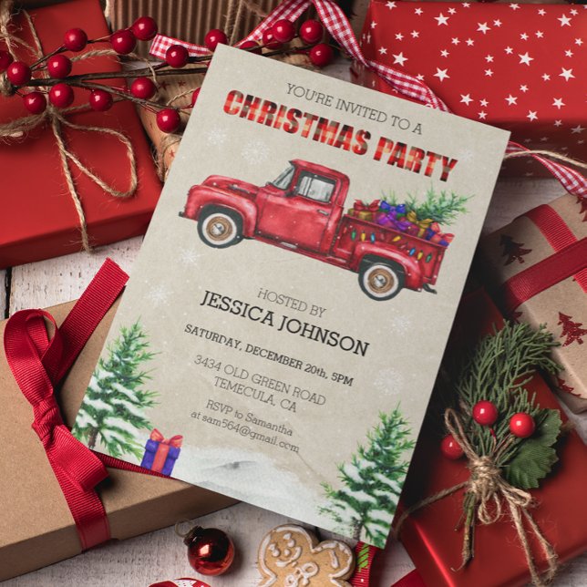 Christmas Party Watercolor Truck Red Plaid Invitation (Creator Uploaded)