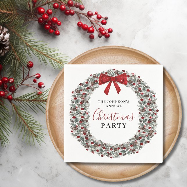 Christmas Party Watercolor Wreath Napkin (Christmas Party Watercolor Wreath Napkins)