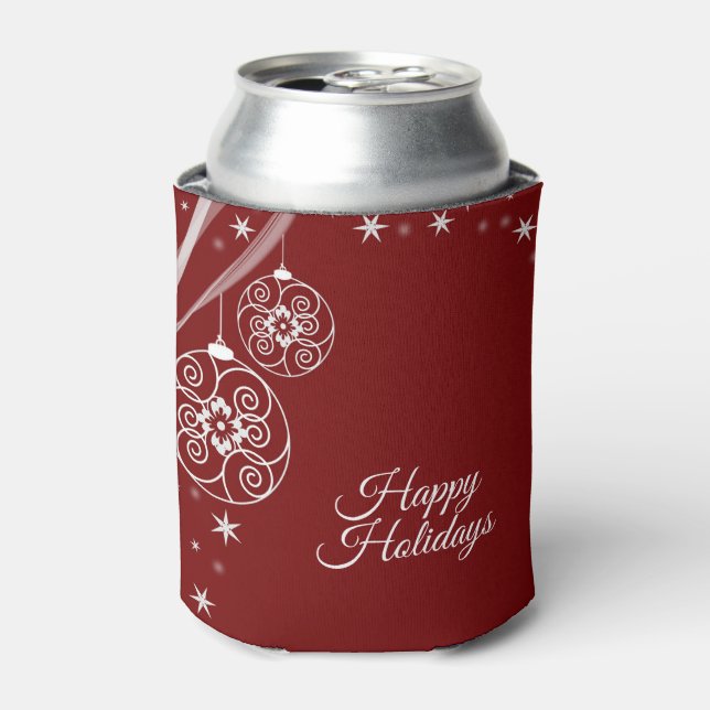Christmas Party White Ornaments Stars Red Elegant Can Cooler (Can Front)