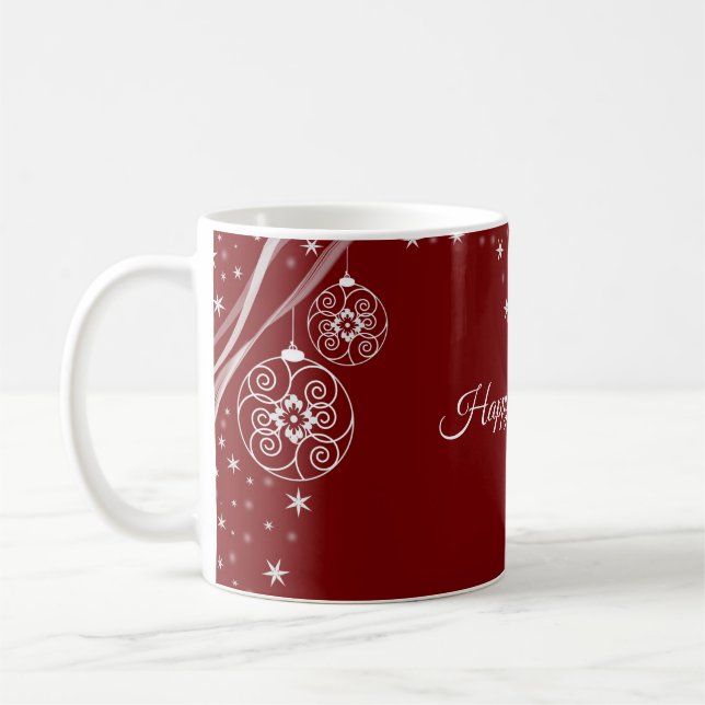 Christmas Party White Ornaments Stars Red Elegant Coffee Mug (Left)