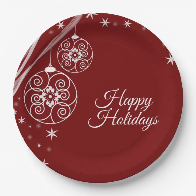 Christmas Party White Ornaments Stars Red Elegant Paper Plate (Front)