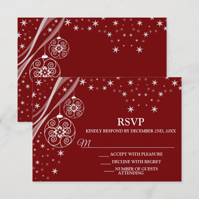 Christmas Party White Ornaments Stars Red Elegant RSVP Card (Front/Back)