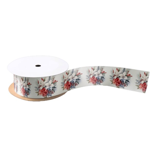 Christmas Party White Red Flowers Holidays Elegant Satin Ribbon (Spool)