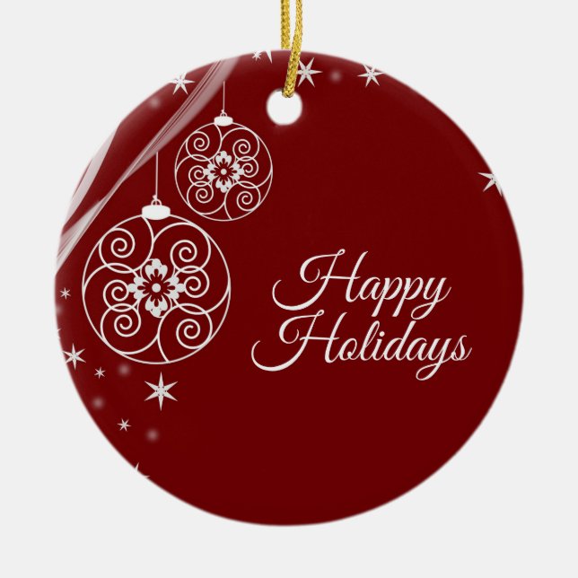 Christmas Party White Stars Red Elegant  Ceramic Ornament (Front)