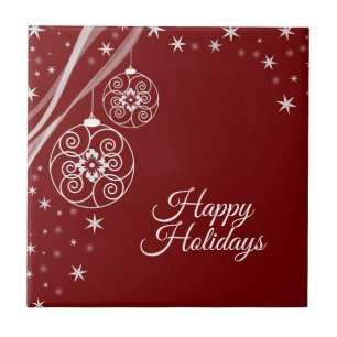 Christmas Party White Stars Red Elegant Ceramic Tile