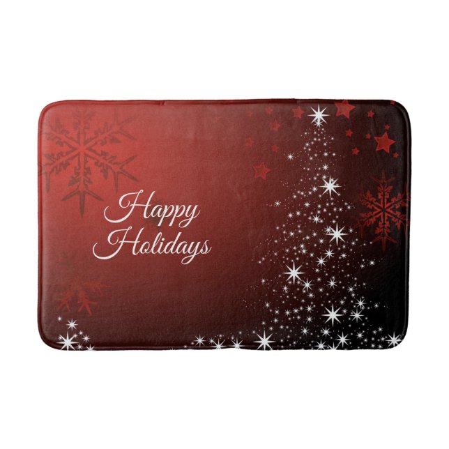 Christmas Party White Stars Tree Red Snowflakes Bath Mat (Front)