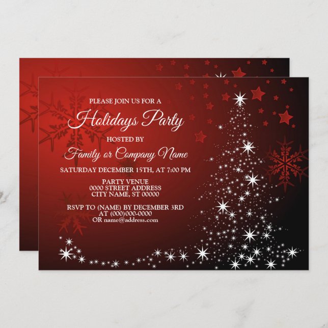Christmas Party White Stars Tree Red Snowflakes Invitation (Front/Back)
