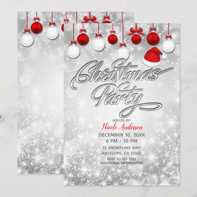 Christmas Party Winter Red White Ornaments Invitation (Front/Back)