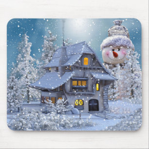Christmas Party Winter White Snowman Blue Mouse Pad