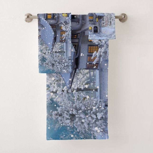 Christmas Party Winter White Snowman Blue Rustic Bath Towel Set (Insitu)