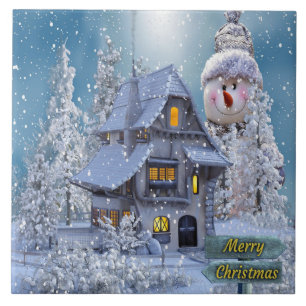 Christmas Party Winter White Snowman Blue Rustic Ceramic Tile