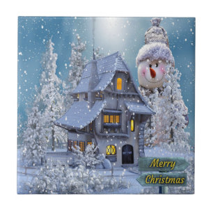 Christmas Party Winter White Snowman Blue Rustic Ceramic Tile