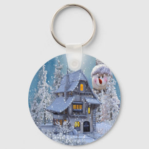 Christmas Party Winter White Snowman Blue Rustic Key Ring