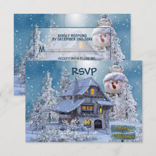 Christmas Party Winter White Snowman Blue Rustic RSVP Card