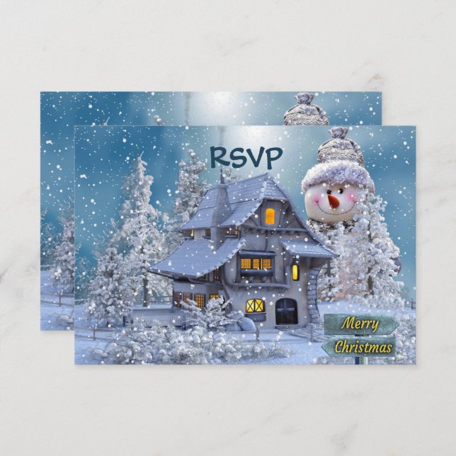 Christmas Party Winter White Snowman Blue Rustic RSVP Card (Front/Back)