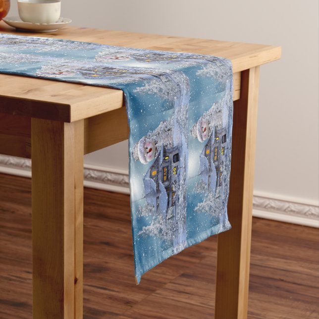 Christmas Party Winter White Snowman Blue Rustic Short Table Runner (In Situ)