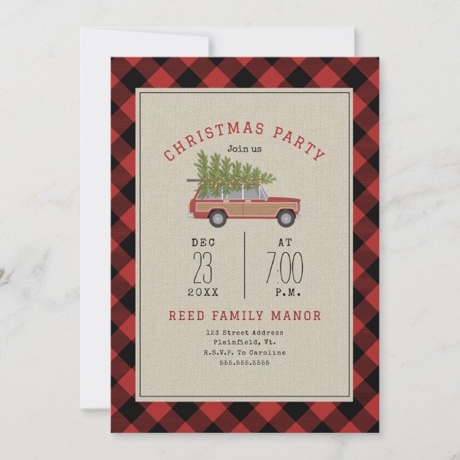 Christmas Party Wood Wagon Car Tree Plaid Invitation (Front)