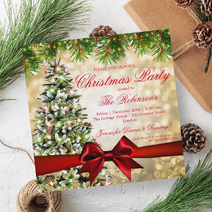 Christmas Party   Xmas Tree Ribbon Glitter Gold Invitation