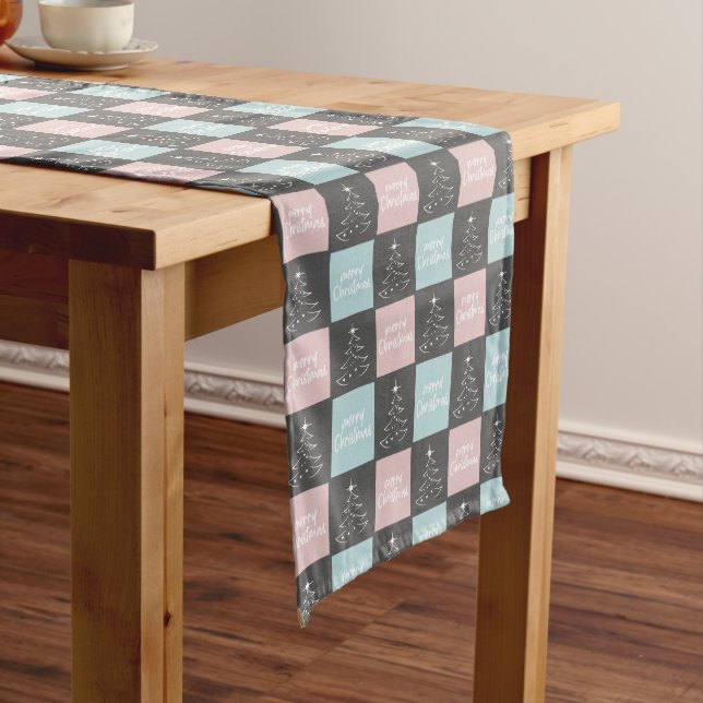 Christmas Pastel Blue and Pink Modern Pattern Short Table Runner (In Situ)