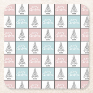 Christmas Pastel Blue and Pink Modern Pattern Square Paper Coaster