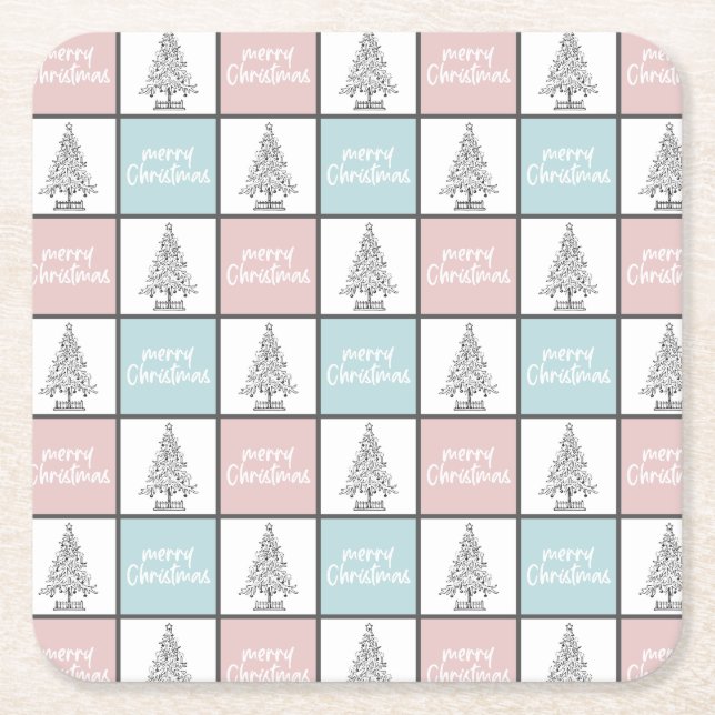 Christmas Pastel Blue and Pink Modern Pattern Square Paper Coaster (Front)