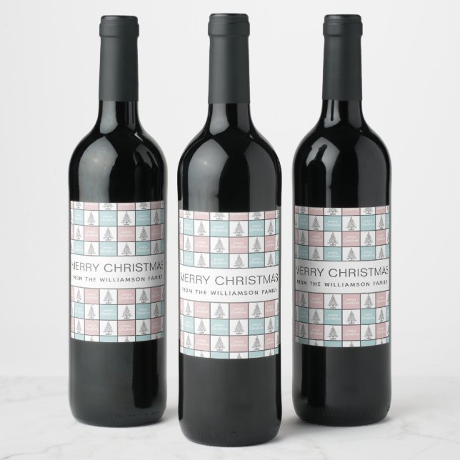 Christmas Pastel Blue and Pink Modern Pattern Wine Label (Bottles)