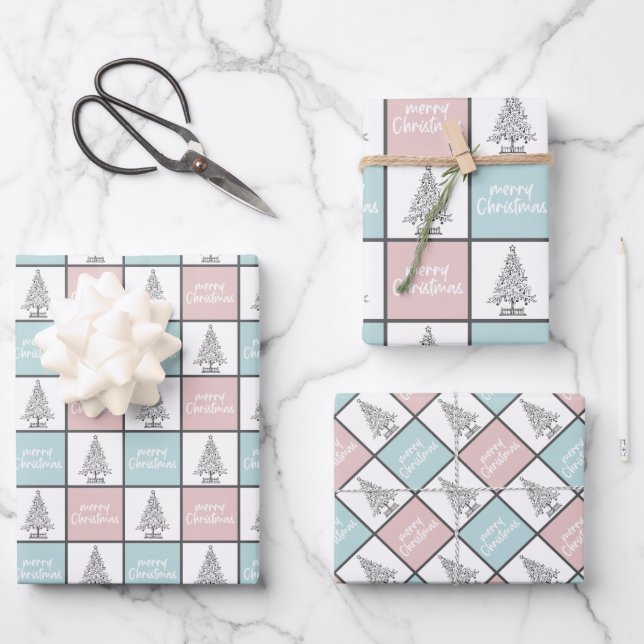 Christmas Pastel Blue and Pink Modern Pattern Wrapping Paper Sheet (Front)