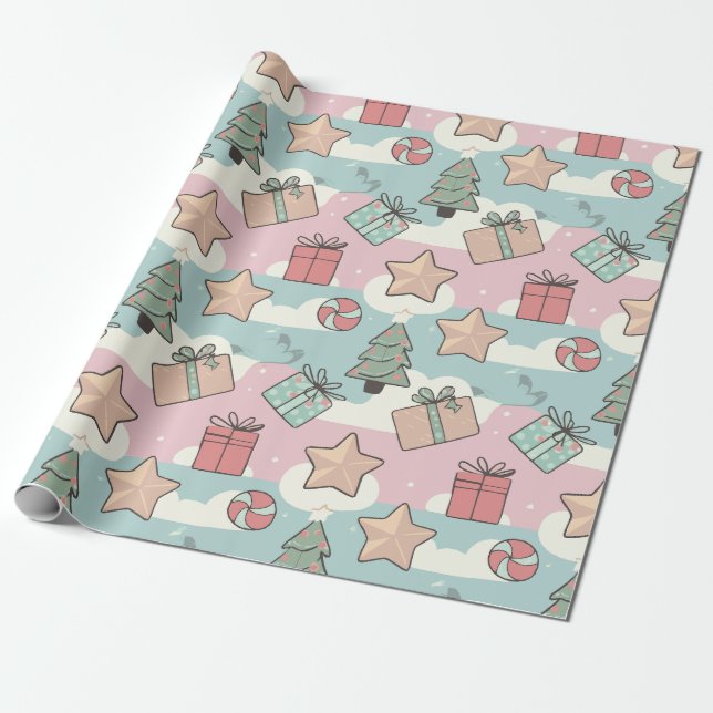 Christmas pastel gift stars and candy wrapping paper (Unrolled)