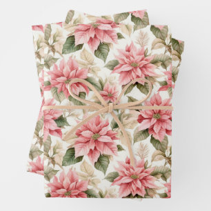 Christmas Pastel Pink Poinsettia Flowers Wrapping Paper Sheet