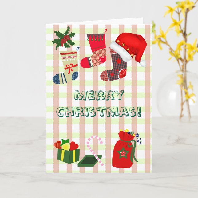 Christmas pastel plaid and cute holiday icons card (Yellow Flower)