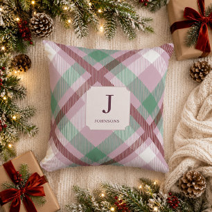 Christmas Pastel Plaid Monogram  Cushion