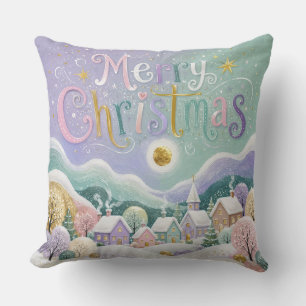 Christmas Pastel Winter Village Snow Houses Cushion