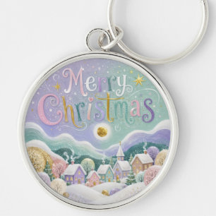 Christmas Pastel Winter Village Snow Houses Key Ring