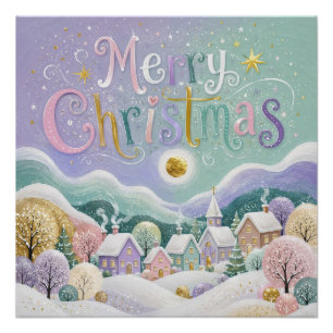 Christmas Pastel Winter Village Snow Houses Poster