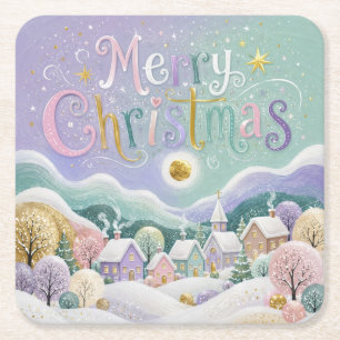 Christmas Pastel Winter Village Snow Houses Square Paper Coaster