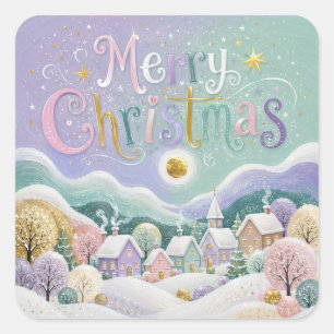 Christmas Pastel Winter Village Snow Houses Square Sticker