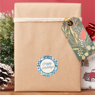 Christmas Patchwork Blue Happy Holidays Classic Round Sticker