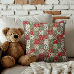 Christmas patchwork green red pattern cushion