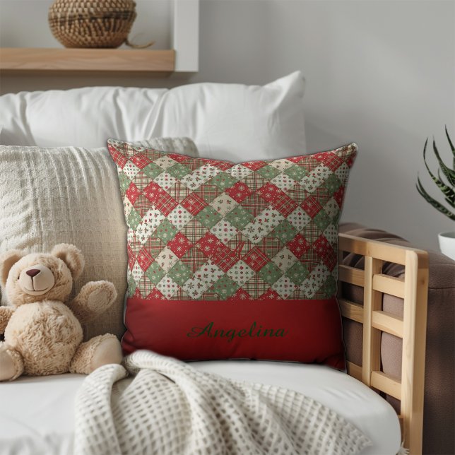  Christmas patchwork name Green Red  Cushion (Creator Uploaded)