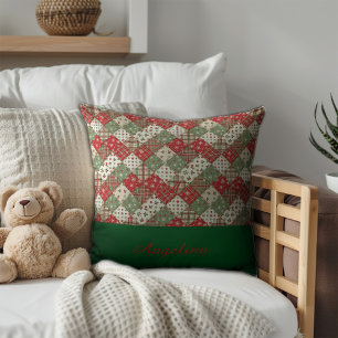 Christmas patchwork name Green Red Cushion